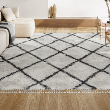 Gabrielle mercer Shag Plush Tassel Moroccan Geometric Trellis Area Rug
